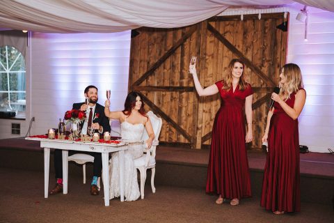 Hochzeitswahn - Ein freudiger Hochzeitstoast ist im Gange: Die Braut sitzt neben dem Bräutigam am Haupttisch und erhebt ihr Glas, während zwei Brautjungfern in eleganten roten Kleidern dastehen und herzliche Reden halten.